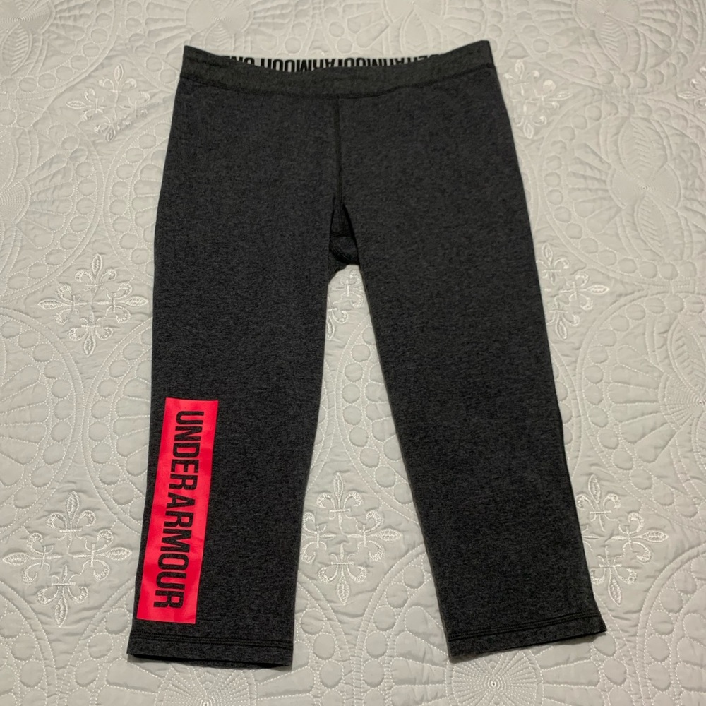 Under Armour Dark Gray Capri Leggings with Pink Vertical Logo